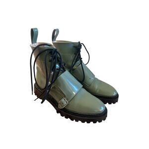 Women 5.5 36 Inch2 Pale Green Monk Boots Shoes Polished Leather Buckles Lace-Up